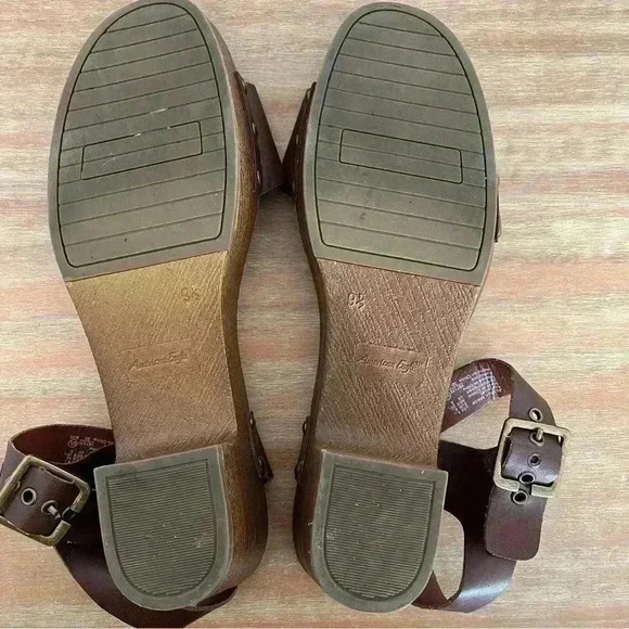 American Eagle 9.5 Women Brown Faux Wood Ankle‎ Strap Clog Heel Platform Sandals - Picture 4 of 9